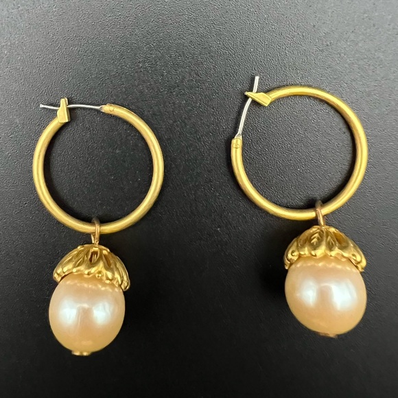 Jewelry - Gold Tone Hoop Earrings with Drop Faux Pearls